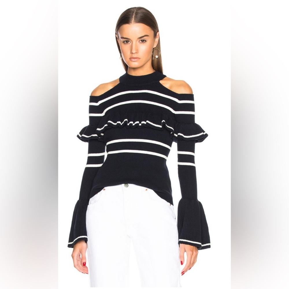 Self-Portrait Navy Blue Frill Cut-Out Shoulder Wool Sweater S | Feminine Luxe